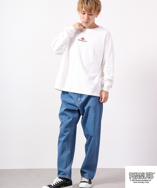 PEANUTS(ピーナッツ)の「PEANUTS スヌーピー レイヤード BIGロングスリーブTシャツ(Tシャツ/カットソー・メンズ・カーキ/ベージュ/ネイビー/ブラウン/オフホワイト/ピンクベージュ・L/M)」の9枚目の写真