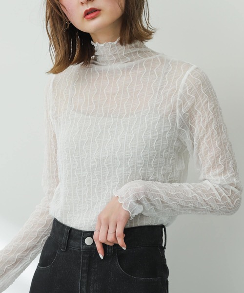 SENSE OF PLACE by URBAN RESEARCH（センスオブプレイスバイアーバンリサーチ）の「ウェーブパターンハイネックシアートップ（Tシャツ/カットソー・レディース・ブラック/ベージュ/オフホワイト・ONE）」の2枚目の写真