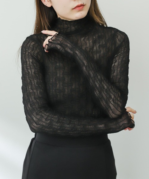 SENSE OF PLACE by URBAN RESEARCH（センスオブプレイスバイアーバンリサーチ）の「ウェーブパターンハイネックシアートップ（Tシャツ/カットソー・レディース・ブラック/ベージュ/オフホワイト・ONE）」の3枚目の写真