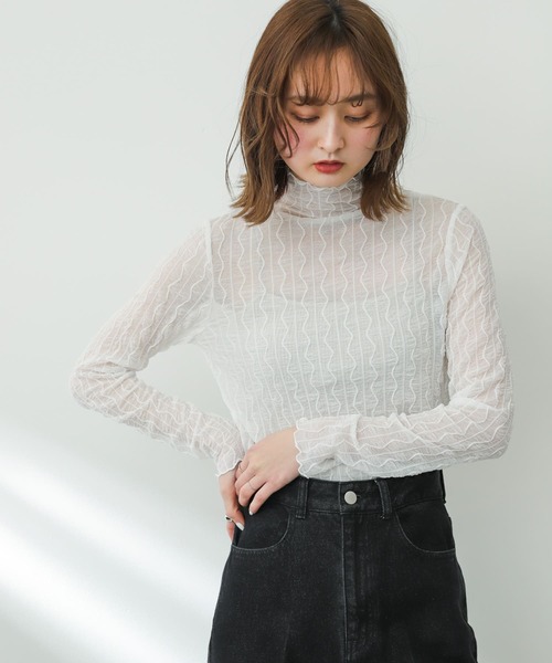 SENSE OF PLACE by URBAN RESEARCH（センスオブプレイスバイアーバンリサーチ）の「ウェーブパターンハイネックシアートップ（Tシャツ/カットソー・レディース・ブラック/ベージュ/オフホワイト・ONE）」の6枚目の写真