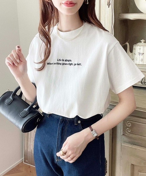 moment+（モーメントプラス）の「ロゴ刺繍半袖Tシャツ（Tシャツ/カットソー・レディース・ブラック/オフホワイト/ピンク/オートミール/チャコールグレー/グレイッシュベージュ/ブルー・M/L）」の16枚目の写真