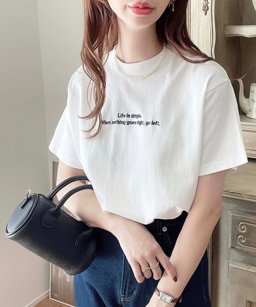 moment+（モーメントプラス）の「ロゴ刺繍半袖Tシャツ（Tシャツ/カットソー・レディース・ブラック/オフホワイト/ピンク/オートミール/チャコールグレー/グレイッシュベージュ/ブルー・M/L）」の15枚目の写真
