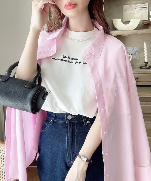 moment+（モーメントプラス）の「ロゴ刺繍半袖Tシャツ（Tシャツ/カットソー・レディース・ブラック/オフホワイト/ピンク/オートミール/チャコールグレー/グレイッシュベージュ/ブルー・M/L）」の12枚目の写真