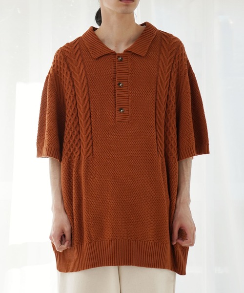Air Tokyo（エアートウキョー）の「オーバーサイズ ケーブル編み サマーニット ポロシャツ（ポロシャツ・メンズ・グレイッシュベージュ/ブラック/ブラウン・LARGE/MEDIUM）」の4枚目の写真