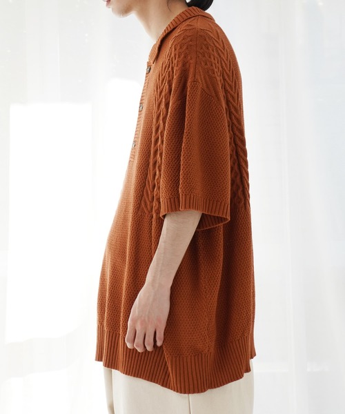 Air Tokyo（エアートウキョー）の「オーバーサイズ ケーブル編み サマーニット ポロシャツ（ポロシャツ・メンズ・グレイッシュベージュ/ブラック/ブラウン・LARGE/MEDIUM）」の5枚目の写真