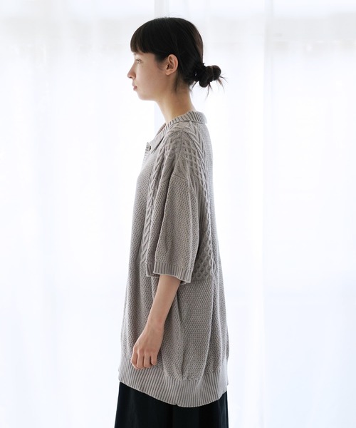 Air Tokyo（エアートウキョー）の「オーバーサイズ ケーブル編み サマーニット ポロシャツ（ポロシャツ・メンズ・グレイッシュベージュ/ブラック/ブラウン・LARGE/MEDIUM）」の8枚目の写真