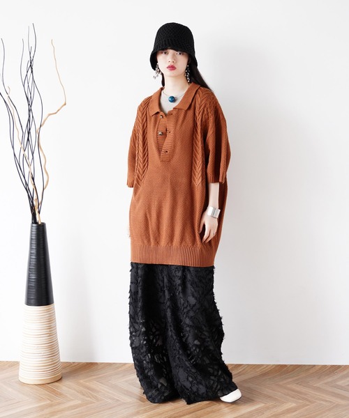 Air Tokyo（エアートウキョー）の「オーバーサイズ ケーブル編み サマーニット ポロシャツ（ポロシャツ・メンズ・グレイッシュベージュ/ブラック/ブラウン・LARGE/MEDIUM）」の16枚目の写真