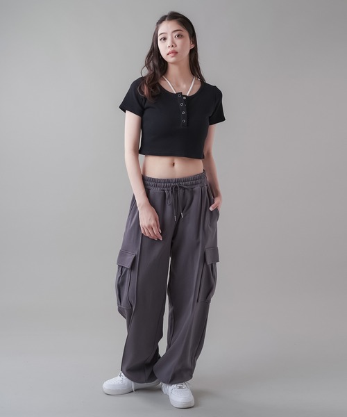L'Appartement ヘンリーネック ショート丈 ワイドカットソー 半袖 ヘンリーネック ショート丈 Tシャツ (Tシャツ・カットソー