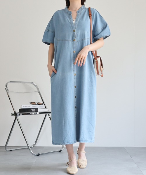 sakishimatokyo（サキシマトーキョー）の「【選べる着丈】スタンドカラーシャツワンピ（シャツワンピース・レディース・インディゴブルー/ライトブルー/ライトグリーン/ブラック系その他・FREE/LARGE）」の5枚目の写真