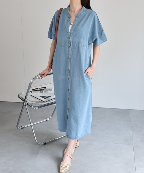 sakishimatokyo（サキシマトーキョー）の「【選べる着丈】スタンドカラーシャツワンピ（シャツワンピース・レディース・インディゴブルー/ライトブルー/ライトグリーン/ブラック系その他・FREE/LARGE）」の14枚目の写真