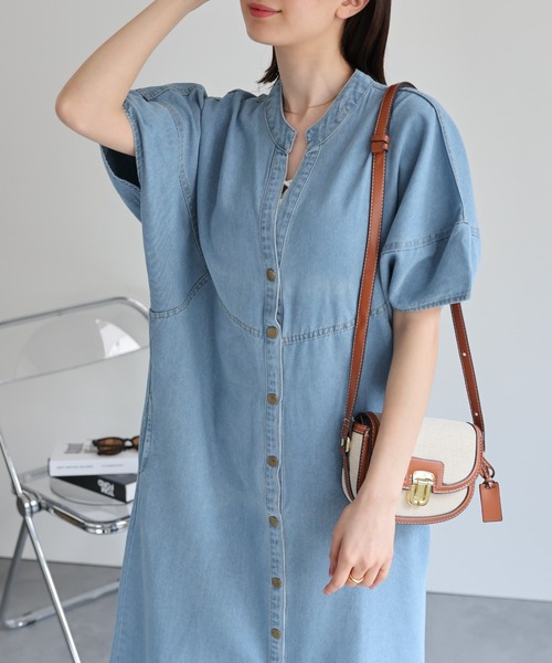 セール】【選べる着丈】スタンドカラーシャツワンピ（シャツワンピース