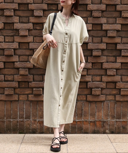 セール】【選べる着丈】スタンドカラーシャツワンピ（シャツワンピース