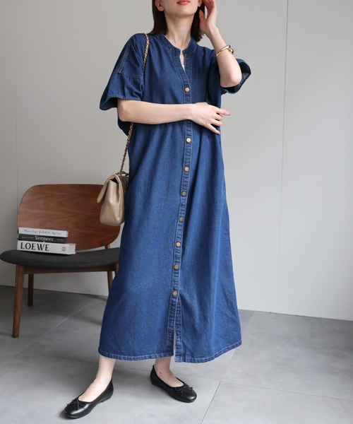 セール】【選べる着丈】スタンドカラーシャツワンピ（シャツワンピース