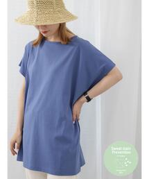 Samansa Mos2 blue | 【汗じみ防止】フレンチスリーブチュニックTシャツ(Tシャツ/カットソー)
