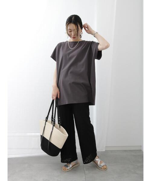 Samansa Mos2 blue(サマンサモスモスブルー)の「【汗じみ防止】フレンチスリーブチュニックTシャツ(Tシャツ/カットソー・レディース・カーキ/ブルー/チャコールグレー・F)」の9枚目の写真