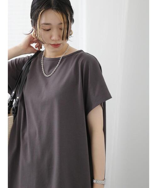 Samansa Mos2 blue(サマンサモスモスブルー)の「【汗じみ防止】フレンチスリーブチュニックTシャツ(Tシャツ/カットソー・レディース・カーキ/ブルー/チャコールグレー・F)」の6枚目の写真