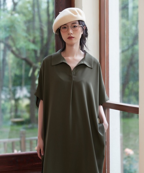 オンワンズオン On One's Own ルーズフィットスキッパーカラーチュニックトップ （OLIVE） オンワンズオン On One's Own ルーズフィットスキッパーカラー
