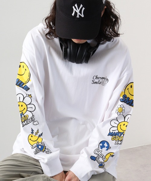 FUNALIVE（ファンアライブ）の「SMILEY FACE 別注　ワイドロングTシャツ（Tシャツ/カットソー・メンズ・ブラック系その他3/ホワイト系その他3/ブラック系その他2/ホワイト/ライトブラック/ブラック/インディゴブルー/ホワイト系その他2/パープル/グリーン/アッシュ/グレイッシュベージュ/ブラック系その他4/ブラック系その他5/ホワイト系その他5/ピンク系その他/ホワイト系その他4/グリーン系その他/ブルー系その他/スミクロ・M/L/LL/3L/4L）」の3枚目の写真