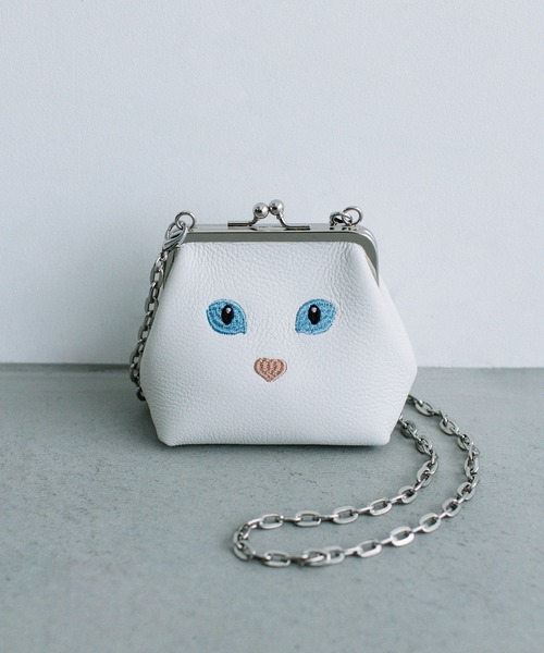 極美品✨️ BEAURE ビューレ 2way ショルダーバッグ 巾着 レザー 猫 B-23515】BEAURE カウレザー 黒ネコ刺繍 巾着ポシェット