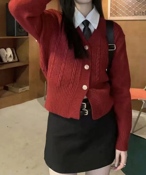 MAISON DE THERESE(メゾン ド テレーズ)の「ボタン開 ケーブルニットカーディガン セーター ボレロ(カーディガン/ボレロ・レディース・ブルー/グレー/レッド・FREE)」の4枚目の写真