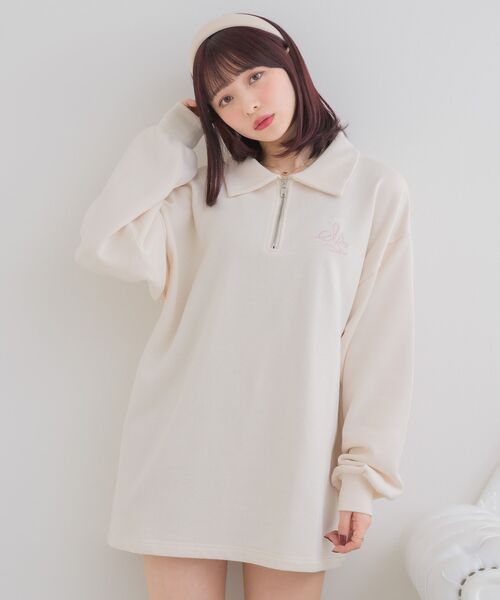 ems excite（エムズエキサイト）の「ハーフZIP胸刺繍BIGトレーナー（スウェット・レディース・ピンク/チャコールグレー/ナチュラル・FREE）」の4枚目の写真