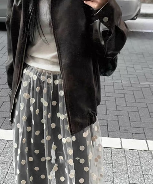 DIAVEL（ディアベル）の「裾レース　ドット柄チュールスカート（スカート・レディース・ブラック/ホワイト・M）」の5枚目の写真