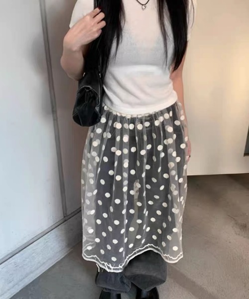 DIAVEL（ディアベル）の「裾レース　ドット柄チュールスカート（スカート・レディース・ブラック/ホワイト・M）」の12枚目の写真