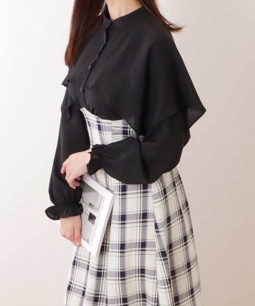 【新品・美品】レース付きケープワンピース チェック柄 セール】ケープカラー チェック柄 ドッキング ロング ワンピース