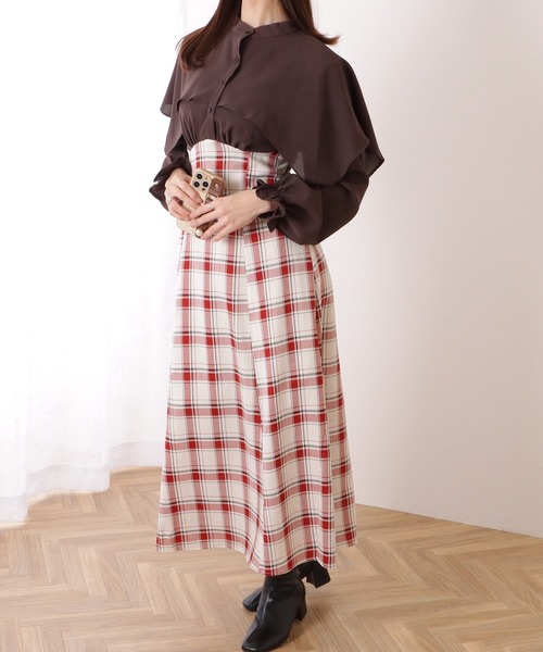 セール】ケープカラー チェック柄 ドッキング ロング ワンピース