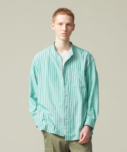J.PRESS YORK STREET（ジェイプレスヨークストリート）の「【UNISEX】クレイジーストライプ バンドカラーシャツ（シャツ/ブラウス・メンズ・サックスブルー系7/ネイビー系7/グリーン系7・LARGE/MEDIUM/SMALL/X-LARGE）」の2枚目の写真