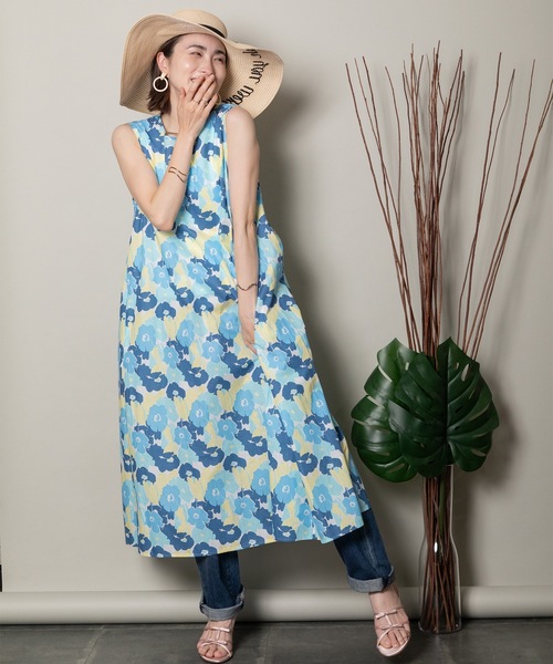 HARDY AMIES フラワープリント ノースリーブ ワンピース X4494