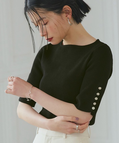 洗える UVカット ｜ 選べるデザインボタンハーフスリーブリブニット 