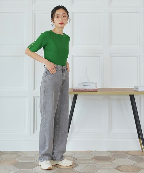 RUIRUE BOUTIQUE(ルイルエブティック)の「洗える UVカット | 選べるデザインボタンハーフスリーブリブサマーニット半袖 | ボートネック トップス リブニット ベーシック シンプル メタルボタン パールボタン(ニット/セーター・レディース・ネイビー/ブルー系1/ブラウン/グリーン/ブラック系1/アイボリー系1/ブラック/ライトグレー系1・M/L)」の17枚目の写真