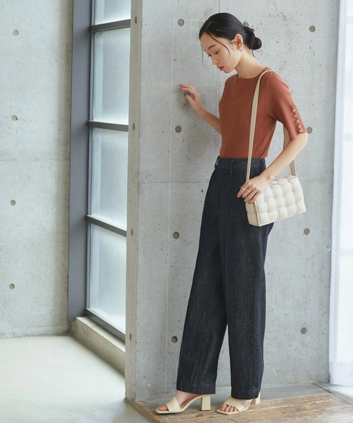 RUIRUE BOUTIQUE(ルイルエブティック)の「洗える UVカット | 選べるデザインボタンハーフスリーブリブサマーニット半袖 | ボートネック トップス リブニット ベーシック シンプル メタルボタン パールボタン(ニット/セーター・レディース・ネイビー/ブルー系1/ブラウン/グリーン/ブラック系1/アイボリー系1/ブラック/ライトグレー系1・M/L)」の13枚目の写真