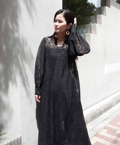 ブロックレースボリュームスリーブスリットワンピース【セットアップ
