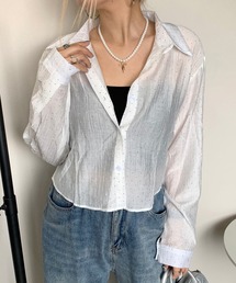 ストーン付きクロップド丈シアーシャツ