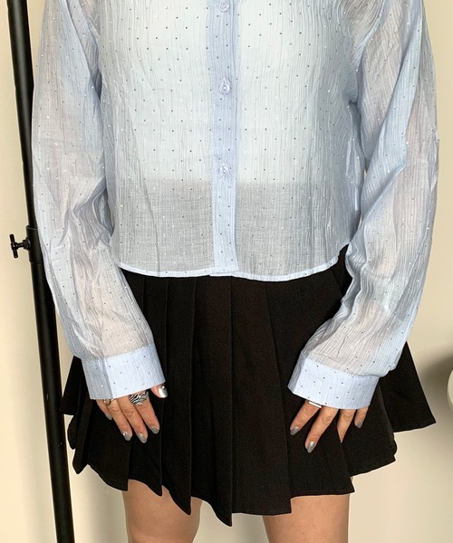 non-hedge(ノンヘッジ)の「ストーン付きクロップド丈シアーシャツ(シャツ/ブラウス・レディース・ブルー/オフホワイト・FREE)」の13枚目の写真
