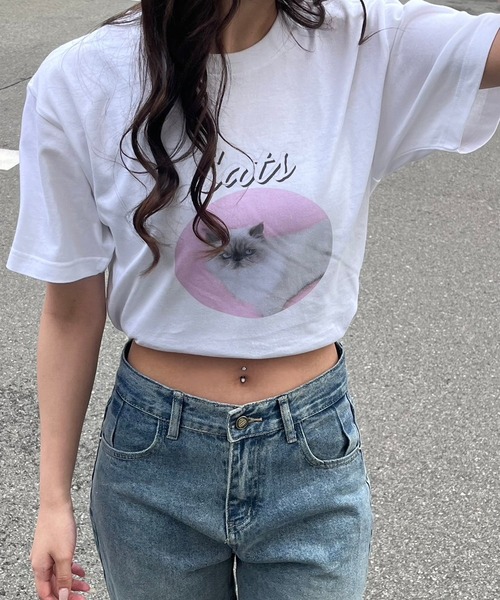 fiere(フィエール)の「キャットプリント半袖Tシャツ(Tシャツ/カットソー・レディース・ホワイト・M)」の5枚目の写真