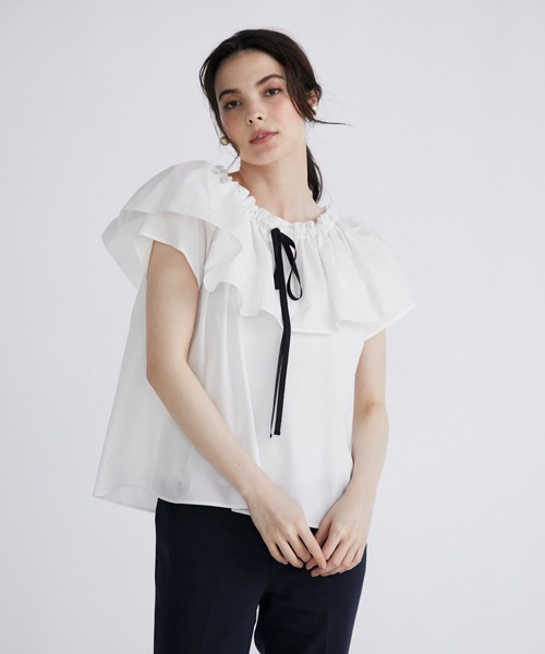 【セール】配色リボンシャーリングブラウス（シャツ/ブラウス）｜Maglie le cassetto（マーリエ ル カセット）