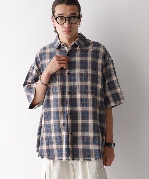 RAGEBLUE（レイジブルー）の「【REmastered】裾フリンジ/オーバーサイズオンブレチェックシャツ（シャツ/ブラウス・メンズ・グレー系その他/ブルー系その他・FREE）」の18枚目の写真