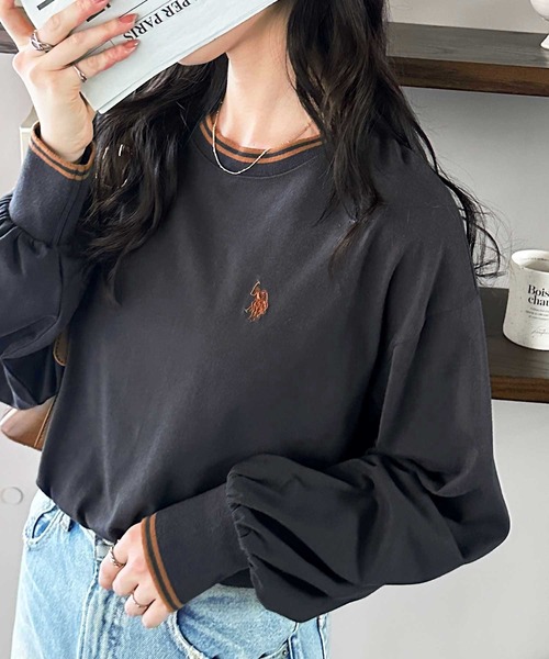 U.S. POLO ASSN.（ユーエスポロアッスン）の「GeeRA別注【U.S. POLO ASSN.】ユーエスポロアッスン　配色ラインオーバーサイズロンT（Tシャツ/カットソー・レディース・オフホワイト/ホワイト系その他/ダークグレー/オートミール・MEDIUM/LARGE/X-LARGE）」の3枚目の写真