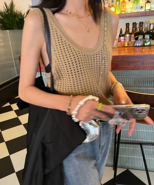 NO WAY（ノーウェイ）の「/透かし編みレイヤードニットベスト（MA）（Tシャツ/カットソー・レディース・ホワイト/ブラック/ブラウン/グリーン・FREE）」の14枚目の写真