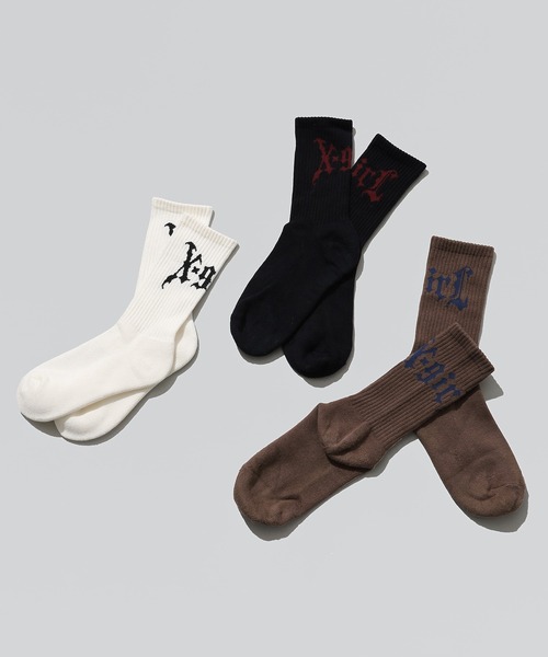 X-girl（エックスガール）の「GOTHIC LOGO RIB SOCKS（ソックス/靴下・レディース・ブラウン/ホワイト/ブラック・ONE SIZE）」の5枚目の写真
