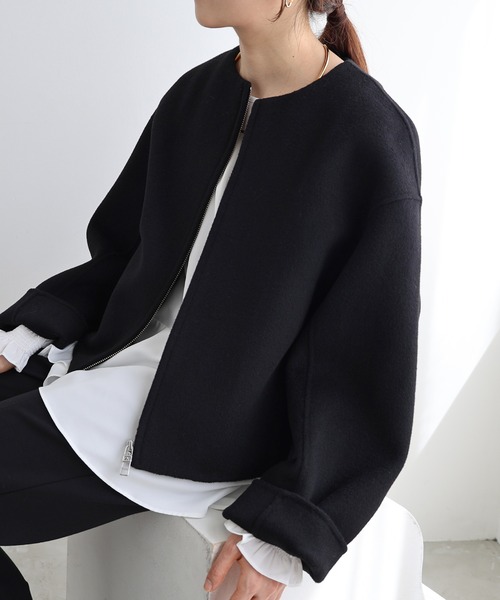 saqui 23AW 美品 ほぐし織 ノーカラー ショート コート ジャケット saqui 23AW 美品 ほぐし織 ノーカラー ショート コート