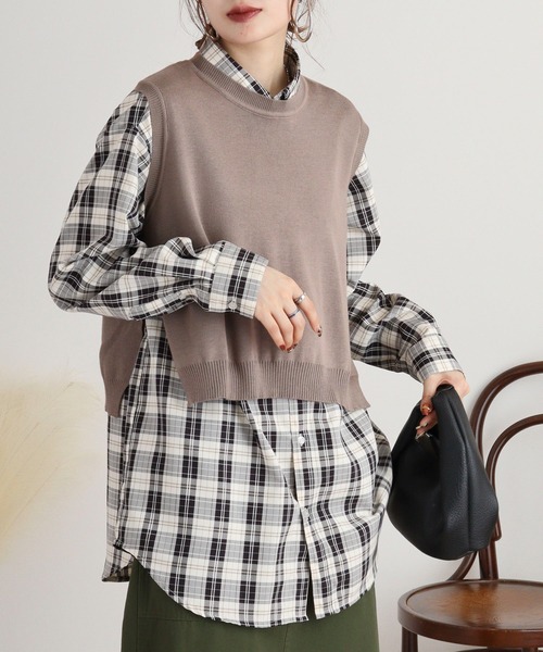 ブラウス シャツ A.N.L フレアブラウス×ニットベスト　セット レディース ブラウス シャツ A.N.L フレアブラウス×ニットベスト セット