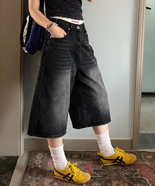 セール】【 MEMECLE / メメクル 】ブラック デニム ハーフ ワイド