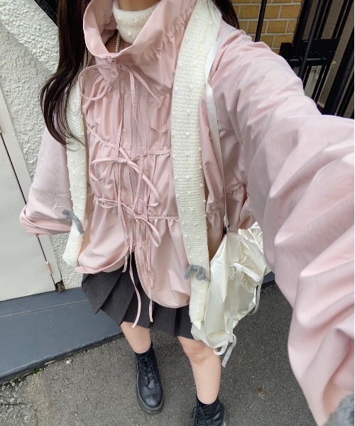 セール】【Seoup】ダブルジップ / リボンギャザーブルゾン（ブルゾン