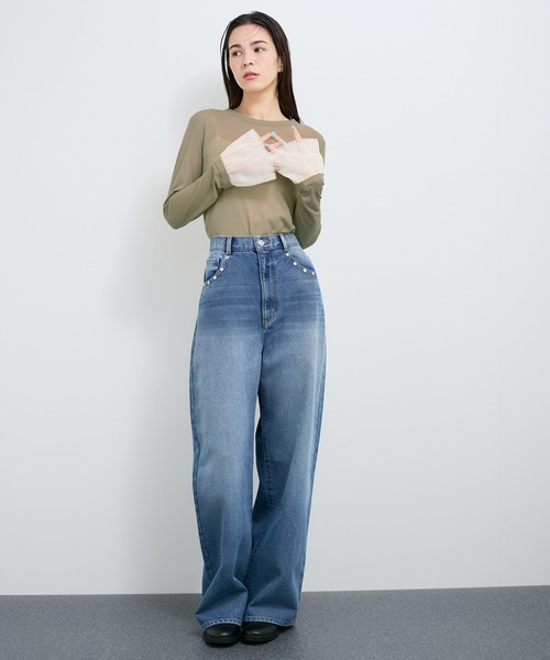 le cercle ADAM ET ROPE'(ルセルクルアダムエロペ)の「袖チュールカットソー(Tシャツ/カットソー・レディース・グリーン系その他2/ブラック/ホワイト・FREE)」の8枚目の写真