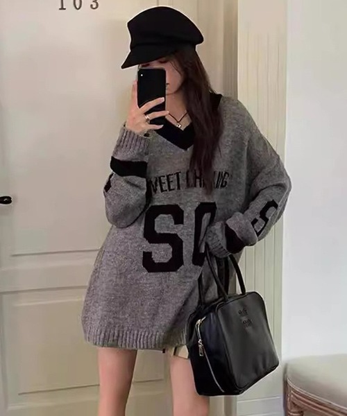 WESTSEA(ウエストシー)の「オーバーサイズ Vネック ユニフォームデザイン ビッグロゴニット(ニット/セーター・レディース・オフホワイト/グレー・FREE)」の12枚目の写真
