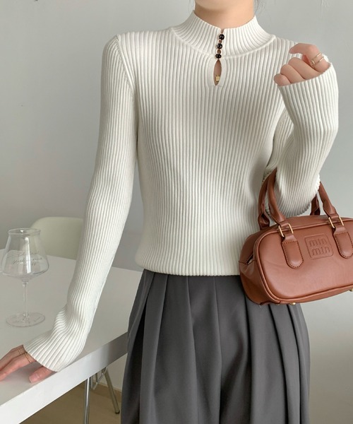 セール】韓国スタイル ハーフタートルネック カラーボタン